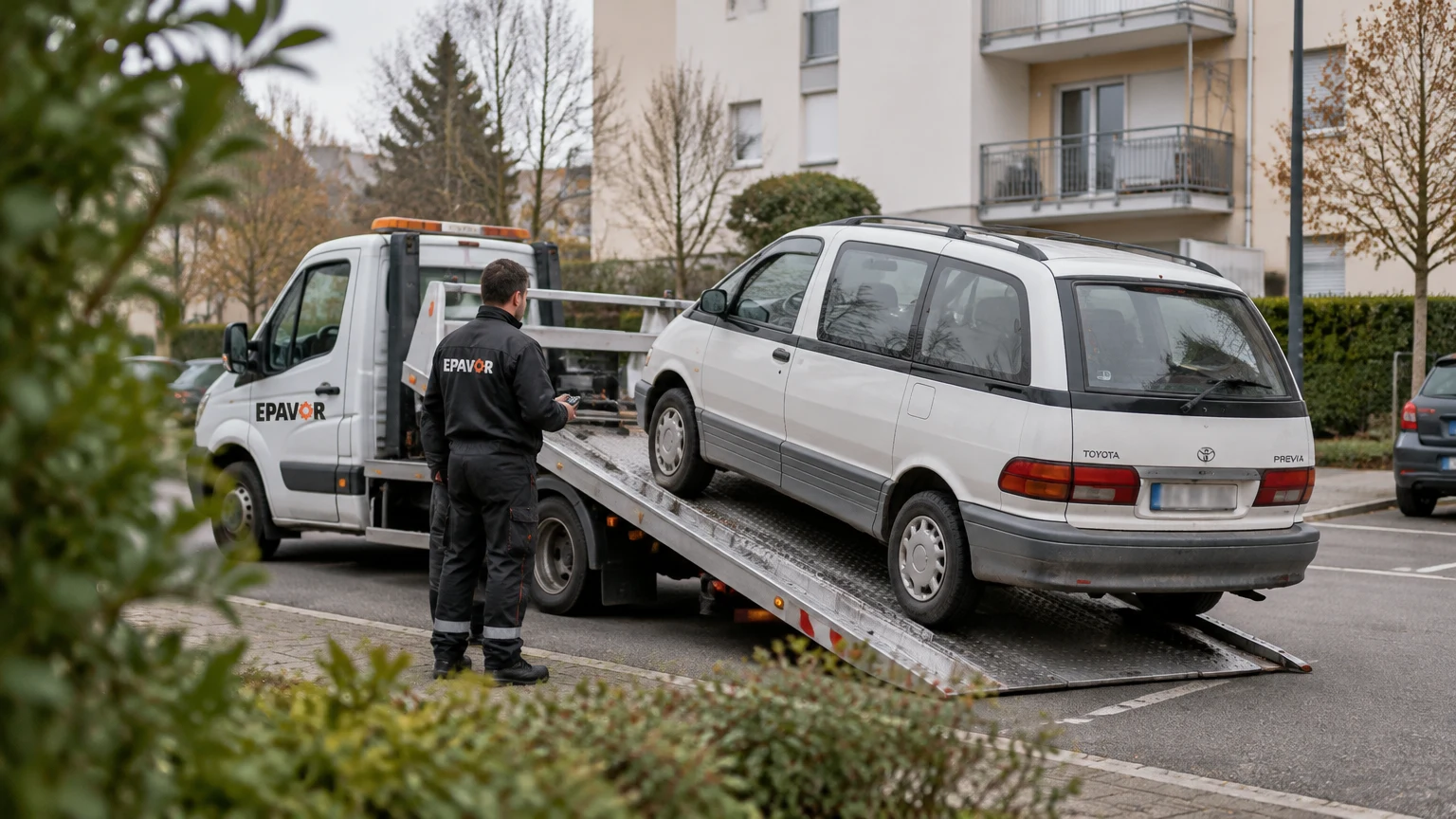 Illustration d’un enlèvement d’épave à Mulsanne avec une dépanneuse — service d’épaviste.