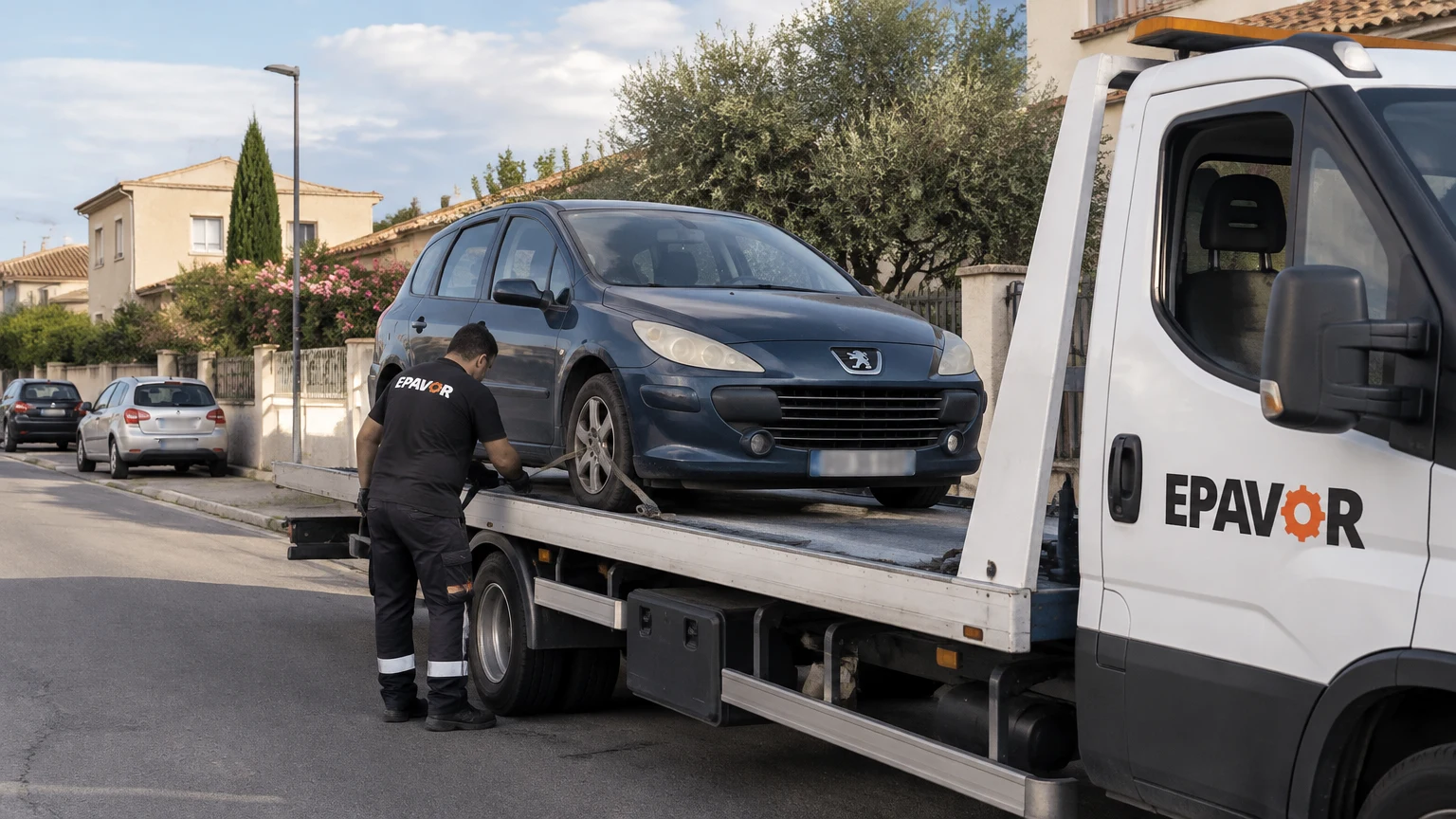 Illustration d’un enlèvement d’épave à Narbonne avec une dépanneuse — service d’épaviste.