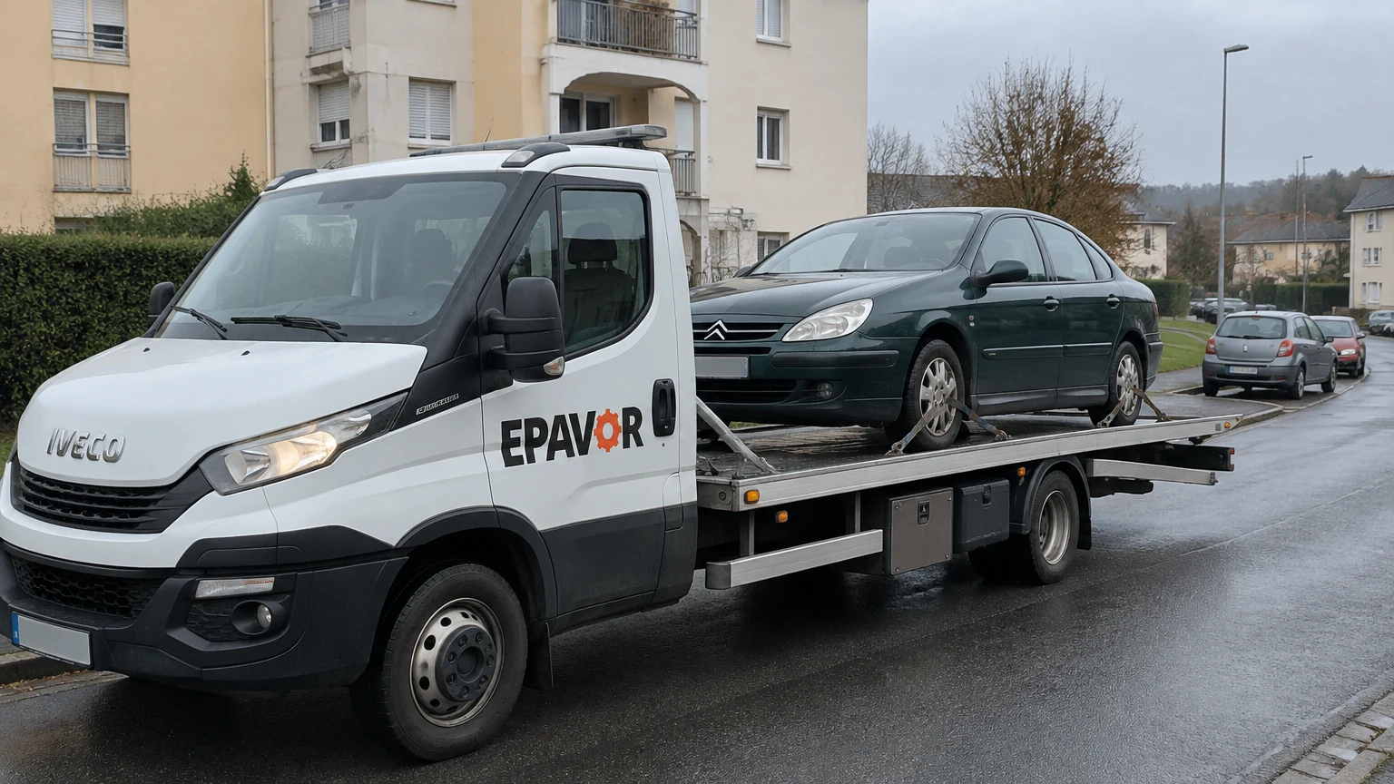 Illustration d’un enlèvement d’épave à Neufchef avec une dépanneuse — service d’épaviste.