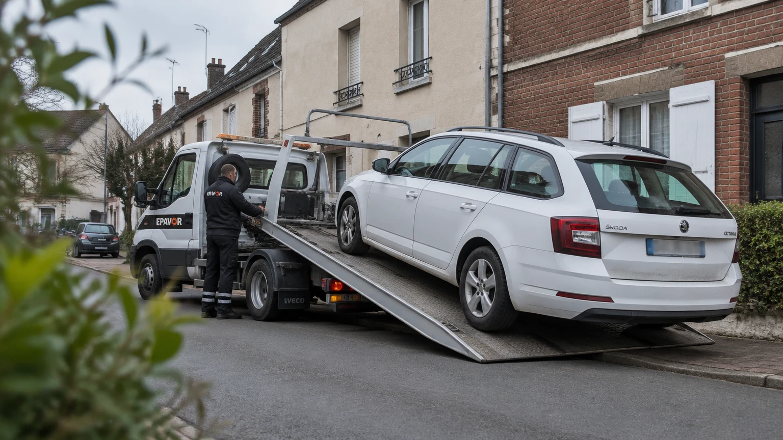 Illustration d’un enlèvement d’épave à Nonancourt avec une dépanneuse — service d’épaviste.