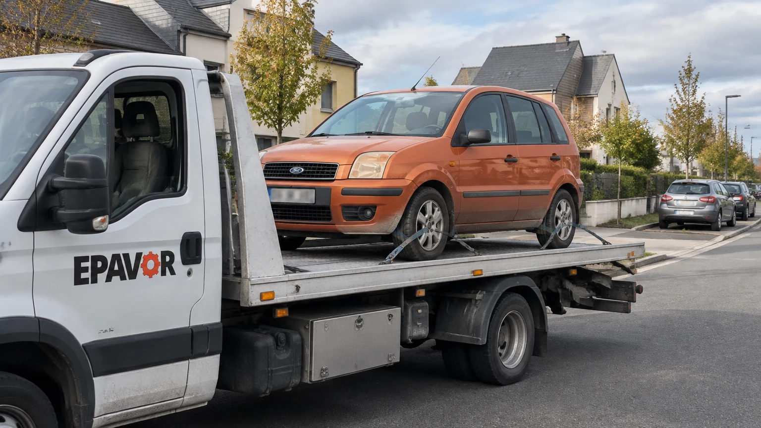 Illustration d’un enlèvement d’épave à Noyal-Châtillon-sur-Seiche avec une dépanneuse — service d’épaviste.