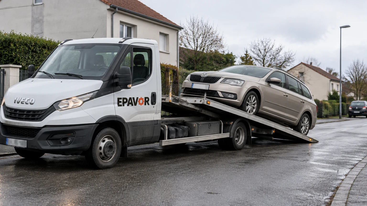 Illustration d’un enlèvement d’épave à Oradour-sur-Glane avec une dépanneuse — service d’épaviste.