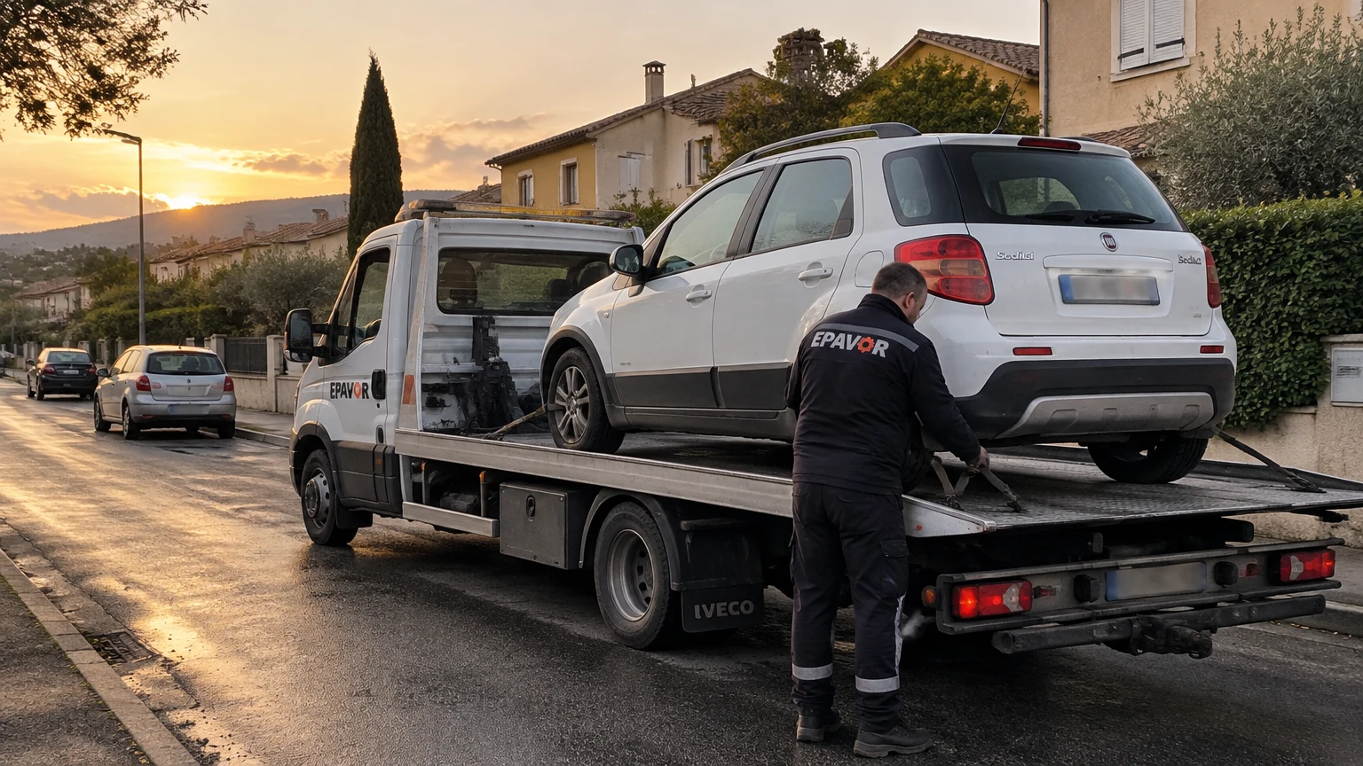 Illustration d’un enlèvement d’épave à Oraison avec une dépanneuse — service d’épaviste.