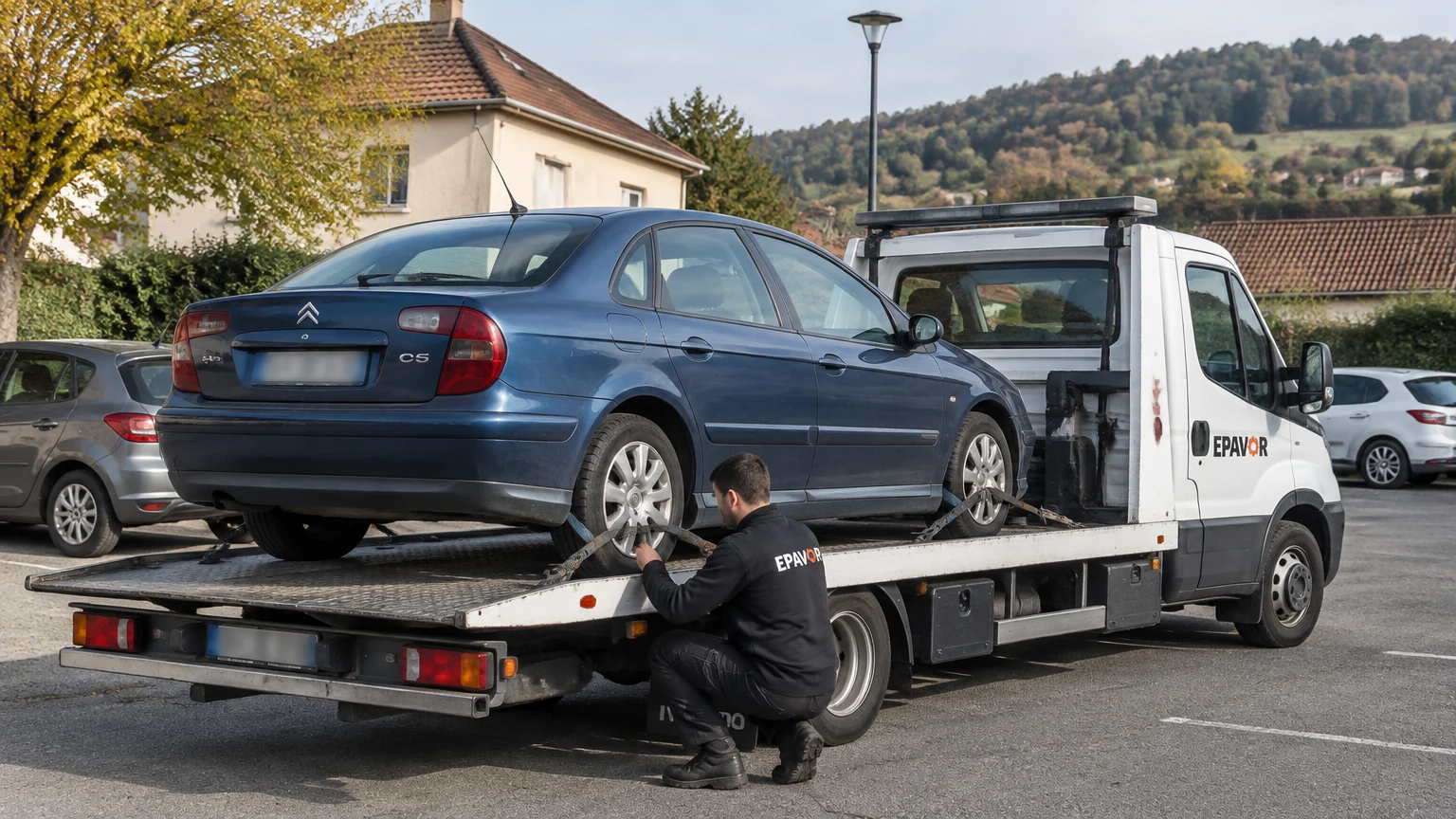 Illustration d’un enlèvement d’épave à Paladru avec une dépanneuse — service d’épaviste.