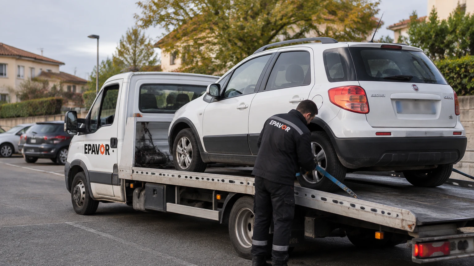 Illustration d’un enlèvement d’épave à Pavie avec une dépanneuse — service d’épaviste.
