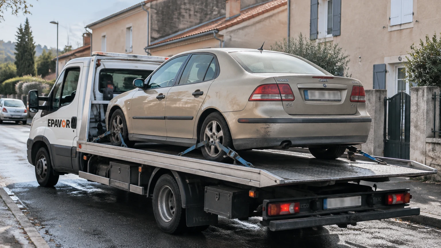 Illustration d’un enlèvement d’épave à Peyrins avec une dépanneuse — service d’épaviste.