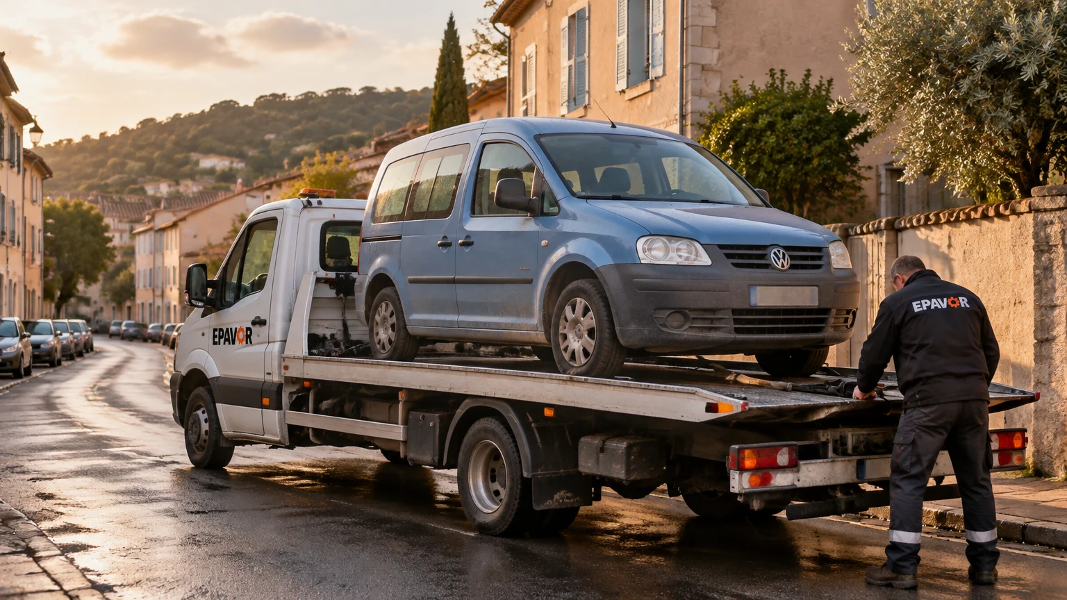 Illustration d’un enlèvement d’épave à Peyruis avec une dépanneuse — service d’épaviste.