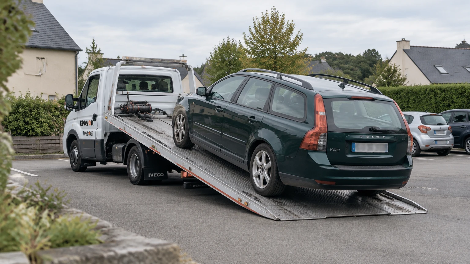 Illustration d’un enlèvement d’épave à Pleslin-Trigavou avec une dépanneuse — service d’épaviste.