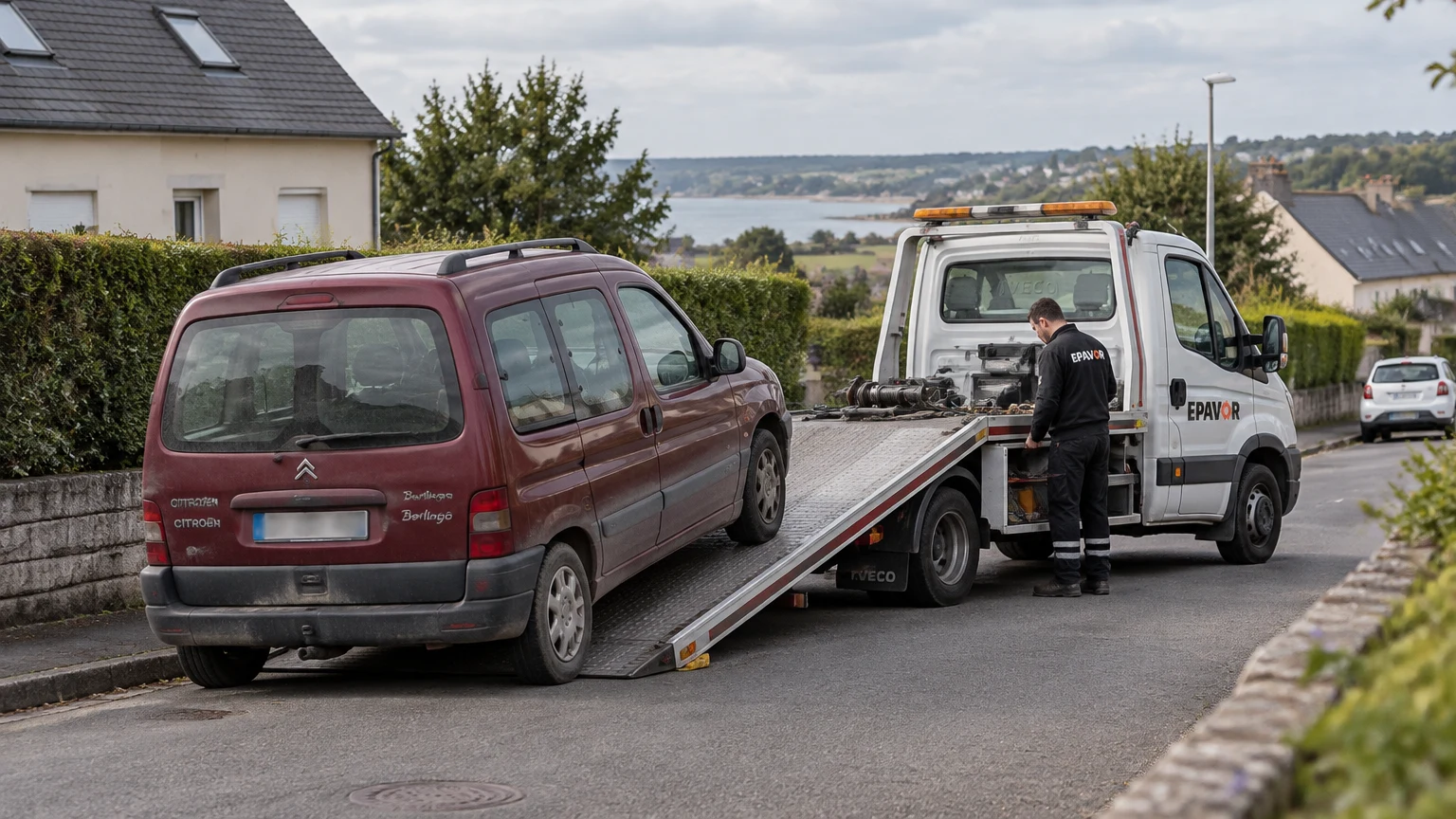Illustration d’un enlèvement d’épave à Plougastel-Daoulas avec une dépanneuse — service d’épaviste.