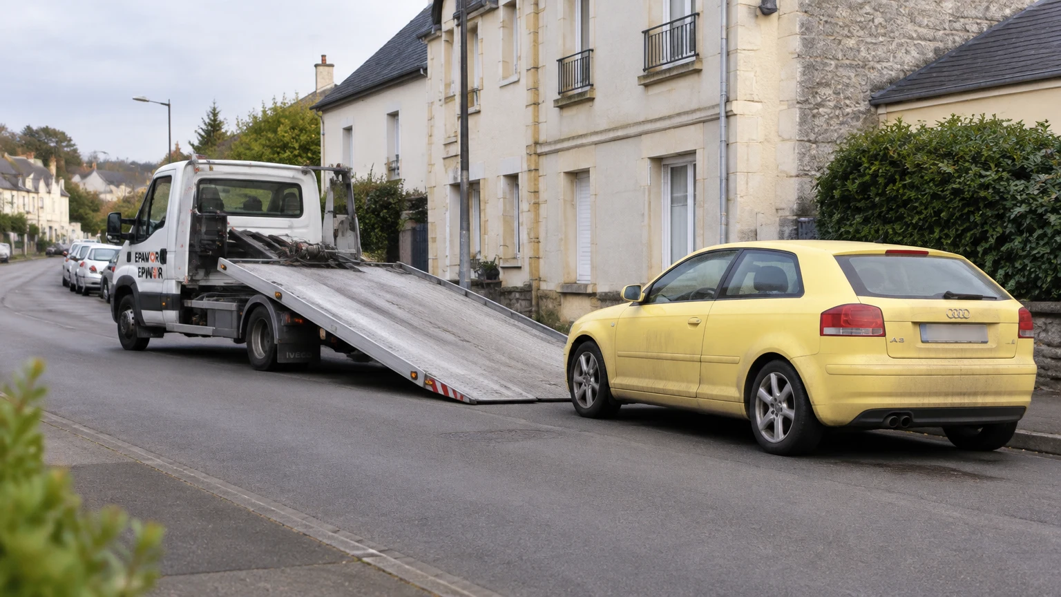 Illustration d’un enlèvement d’épave à Plouigneau avec une dépanneuse — service d’épaviste.
