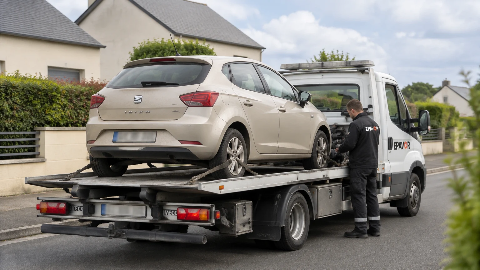 Illustration d’un enlèvement d’épave à Ploumilliau avec une dépanneuse — service d’épaviste.
