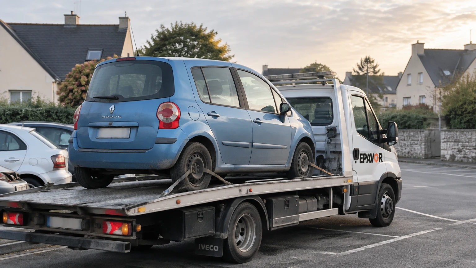 Illustration d’un enlèvement d’épave à Plozévet avec une dépanneuse — service d’épaviste.