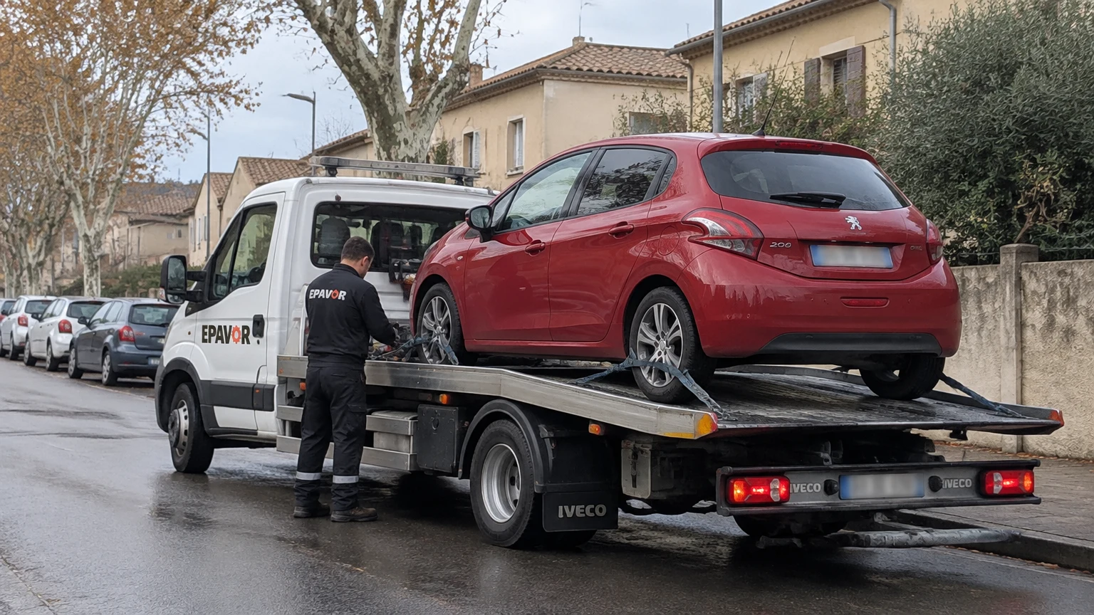 Illustration d’un enlèvement d’épave à Pont-Saint-Esprit avec une dépanneuse — service d’épaviste.