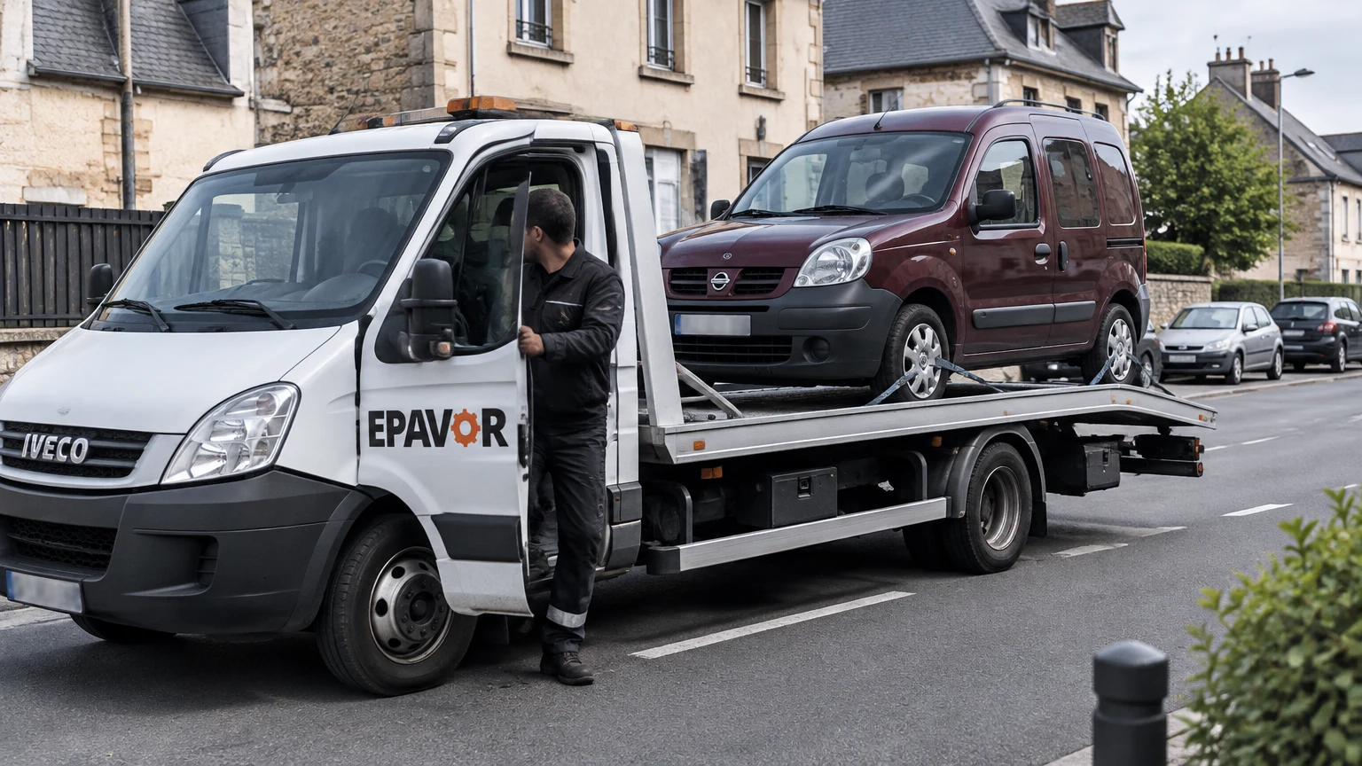 Illustration d’un enlèvement d’épave à Pontorson avec une dépanneuse — service d’épaviste.