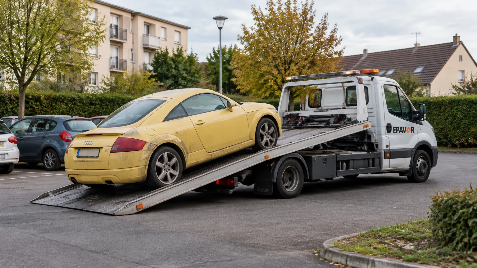Illustration d’un enlèvement d’épave à Porcheville avec une dépanneuse — service d’épaviste.