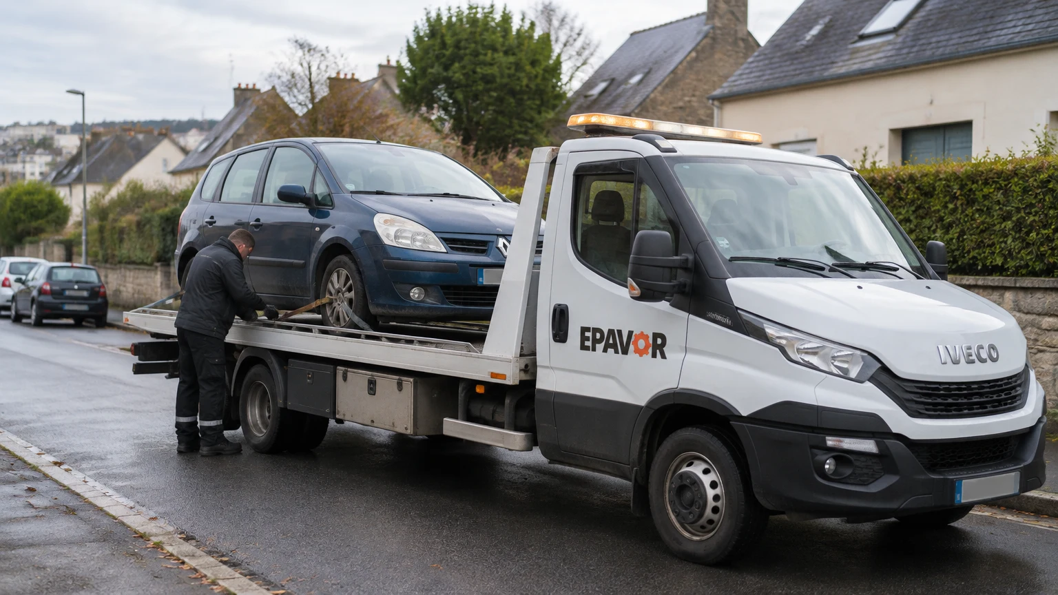 Illustration d’un enlèvement d’épave à Quimper avec une dépanneuse — service d’épaviste.