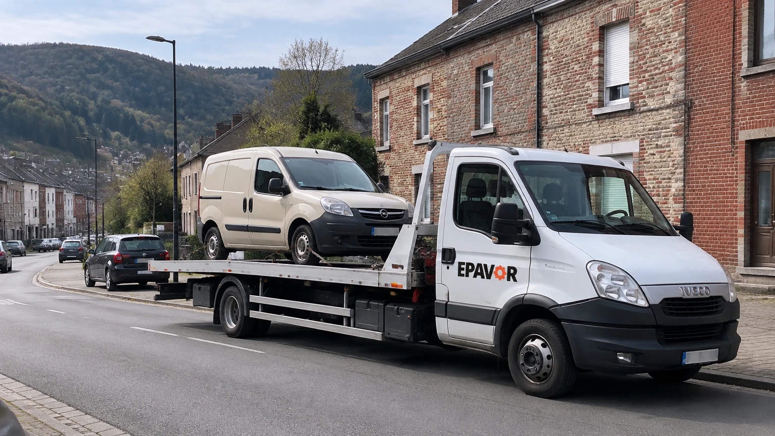 Illustration d’un enlèvement d’épave à Revin avec une dépanneuse — service d’épaviste.