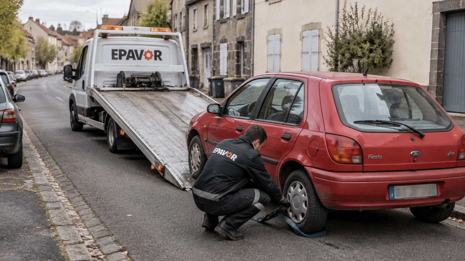 Illustration d’un enlèvement d’épave à Riom avec une dépanneuse — service d’épaviste.