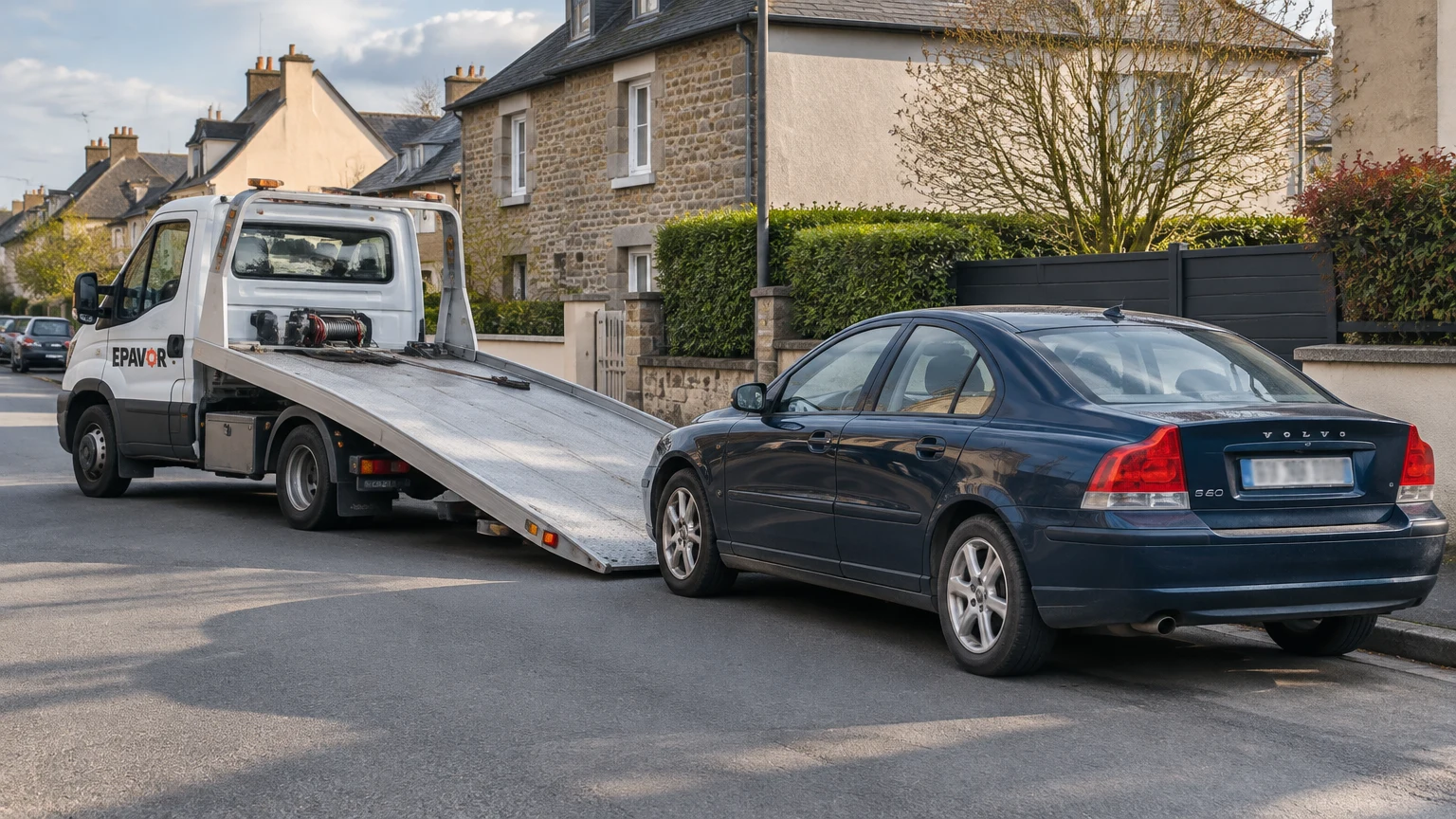 Illustration d’un enlèvement d’épave à Romagné avec une dépanneuse — service d’épaviste.