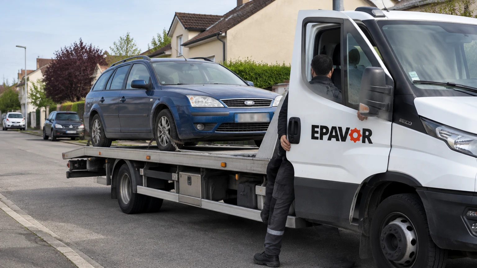 Illustration d’un enlèvement d’épave à Rosières-près-Troyes avec une dépanneuse — service d’épaviste.