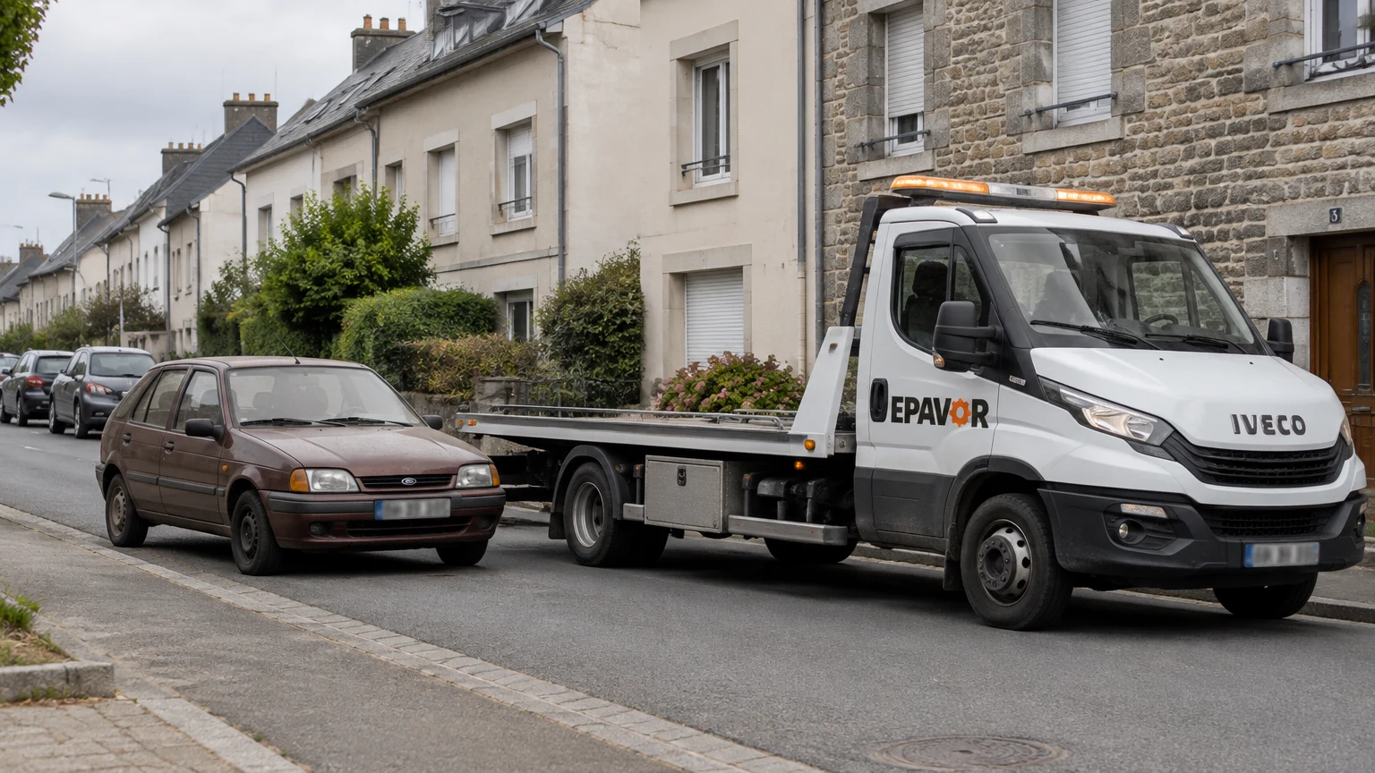 Illustration d’un enlèvement d’épave à Rostrenen avec une dépanneuse — service d’épaviste.
