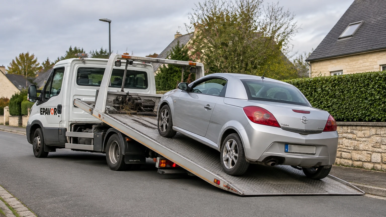 Illustration d’un enlèvement d’épave à Rots avec une dépanneuse — service d’épaviste.
