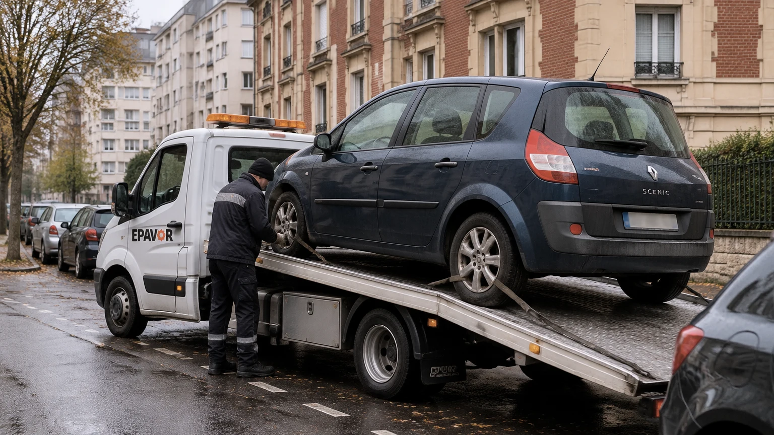 Illustration d’un enlèvement d’épave à Rouen avec une dépanneuse — service d’épaviste.