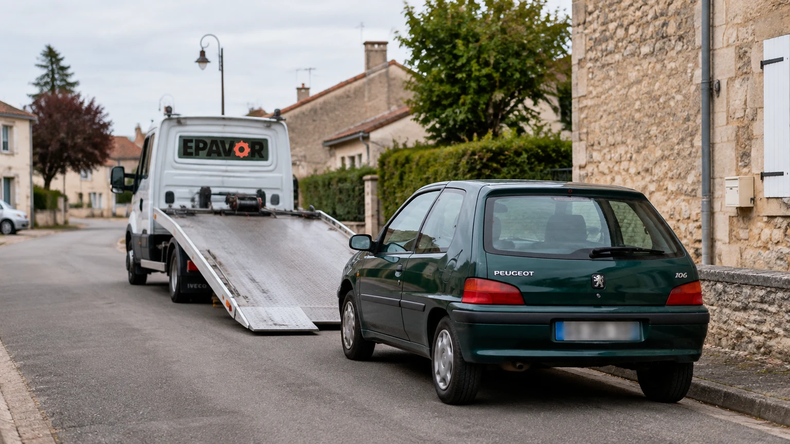 Illustration d’un enlèvement d’épave à Rouillé avec une dépanneuse — service d’épaviste.