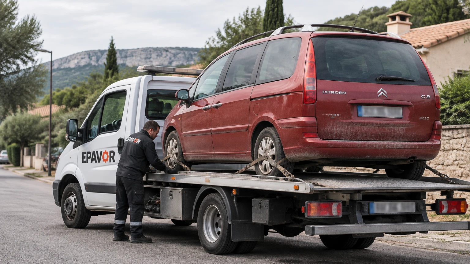 Illustration d’un enlèvement d’épave à Rousset avec une dépanneuse — service d’épaviste.