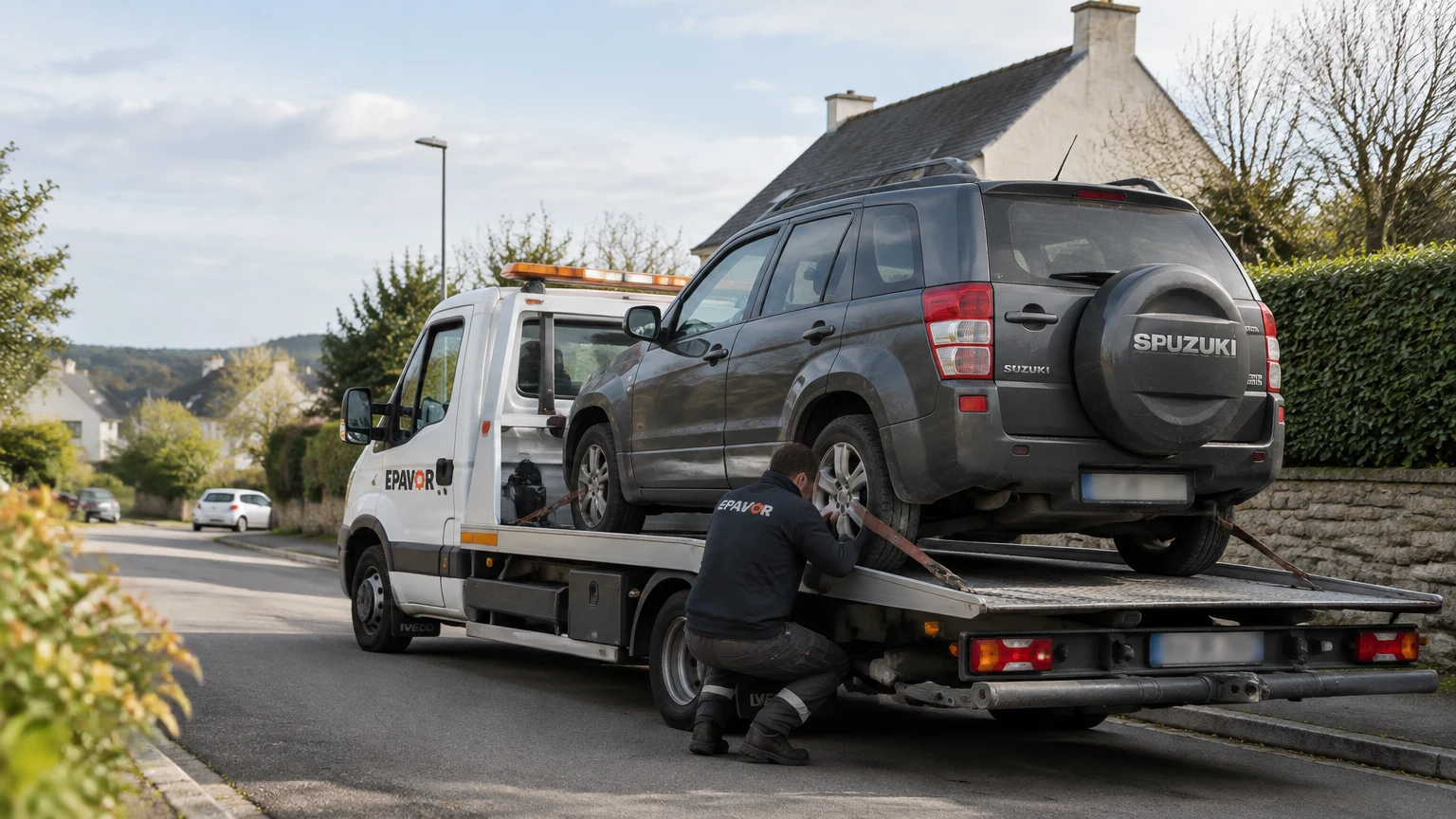 Illustration d’un enlèvement d’épave à Saint-Évarzec avec une dépanneuse — service d’épaviste.