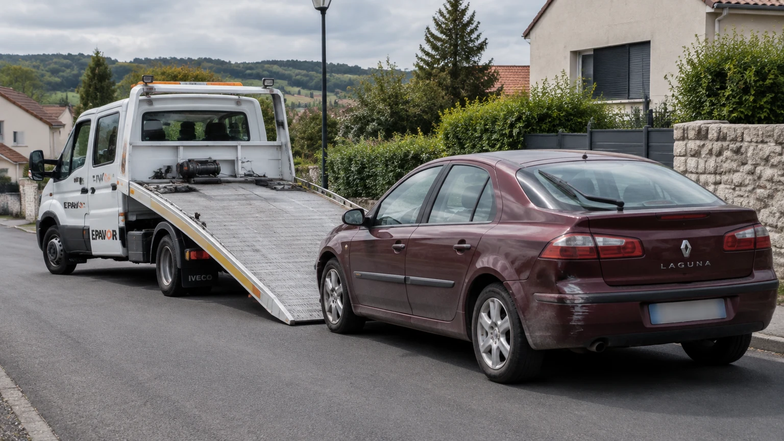 Illustration d’un enlèvement d’épave à Saint-Genès-Champanelle avec une dépanneuse — service d’épaviste.