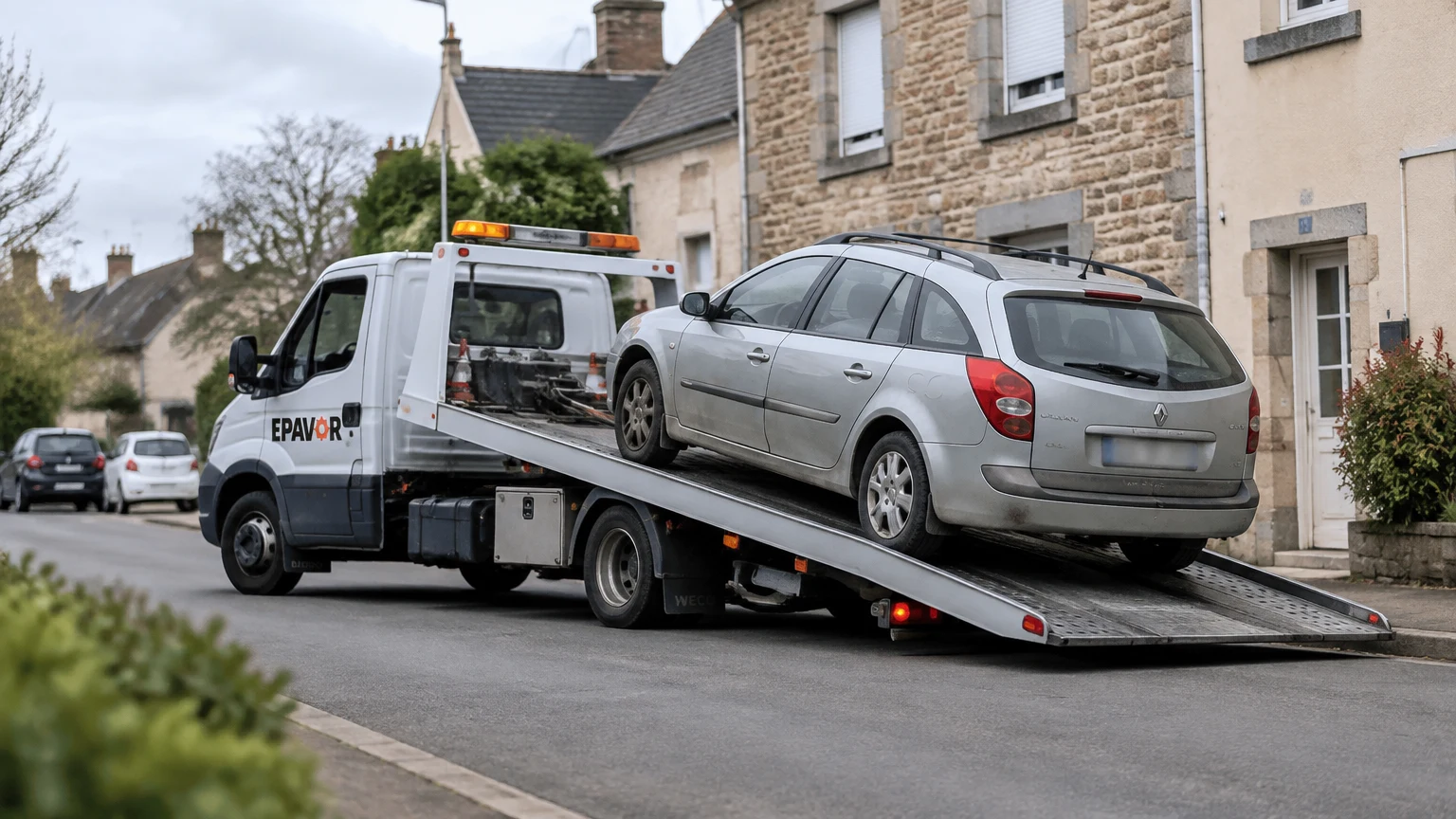 Illustration d’un enlèvement d’épave à Saint-Hilaire-du-Harcouët avec une dépanneuse — service d’épaviste.
