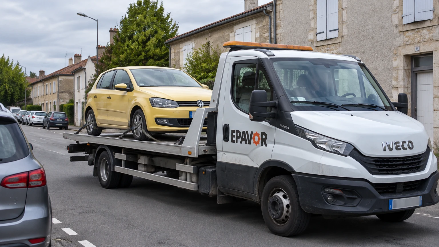 Illustration d’un enlèvement d’épave à Saint-Jean-d'Angély avec une dépanneuse — service d’épaviste.