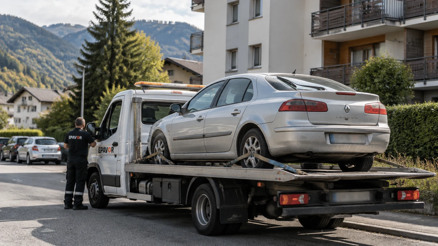 Illustration d’un enlèvement d’épave à Saint-Jeoire avec une dépanneuse — service d’épaviste.