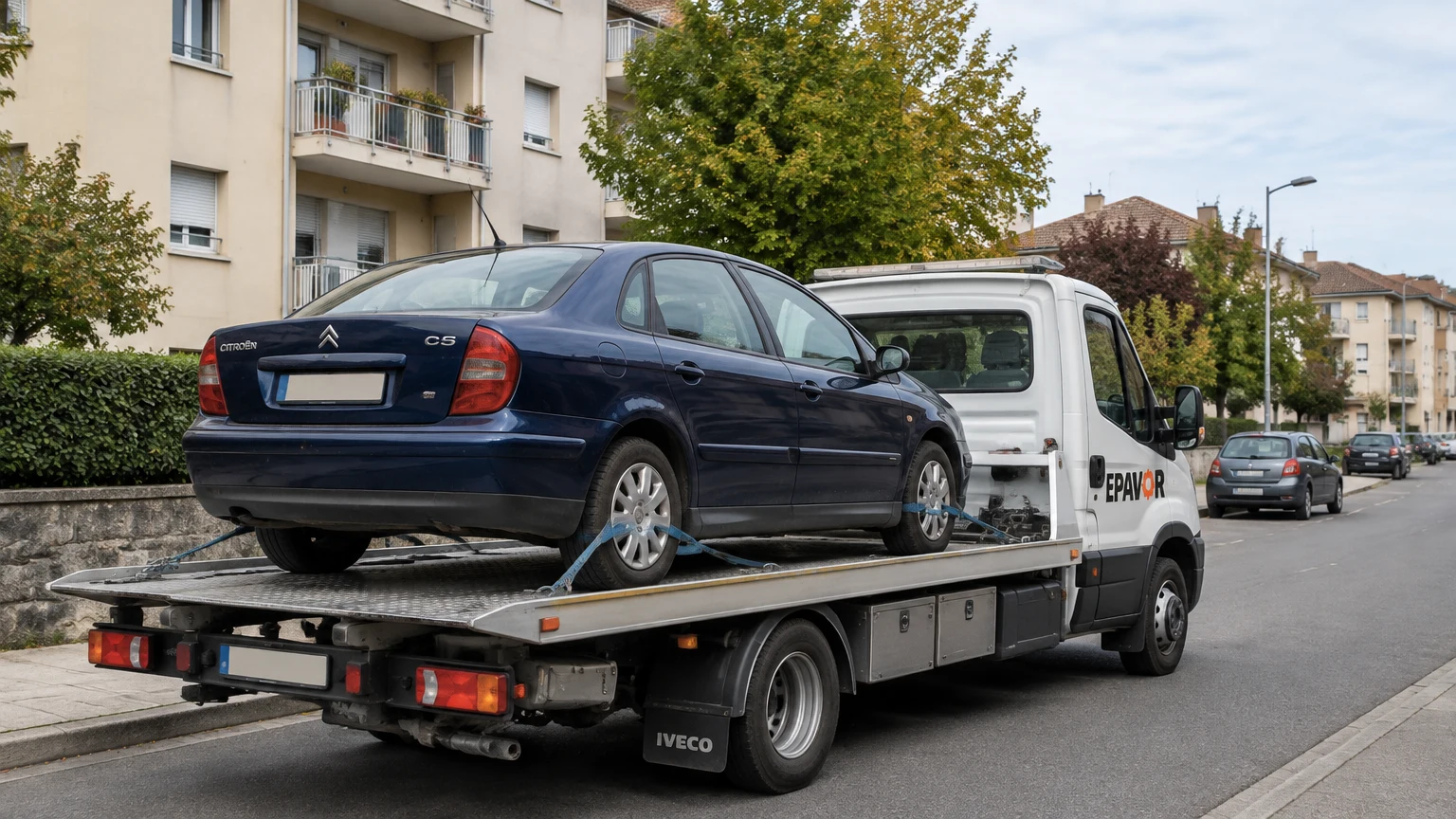 Illustration d’un enlèvement d’épave à Saint-Junien avec une dépanneuse — service d’épaviste.