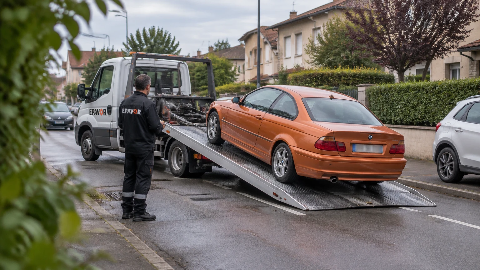 Illustration d’un enlèvement d’épave à Saint-Rambert-d'Albon avec une dépanneuse — service d’épaviste.