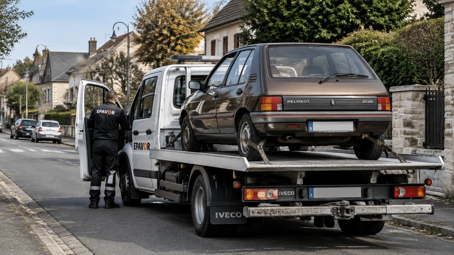 Illustration d’un enlèvement d’épave à Saint-Rémy-sur-Avre avec une dépanneuse — service d’épaviste.