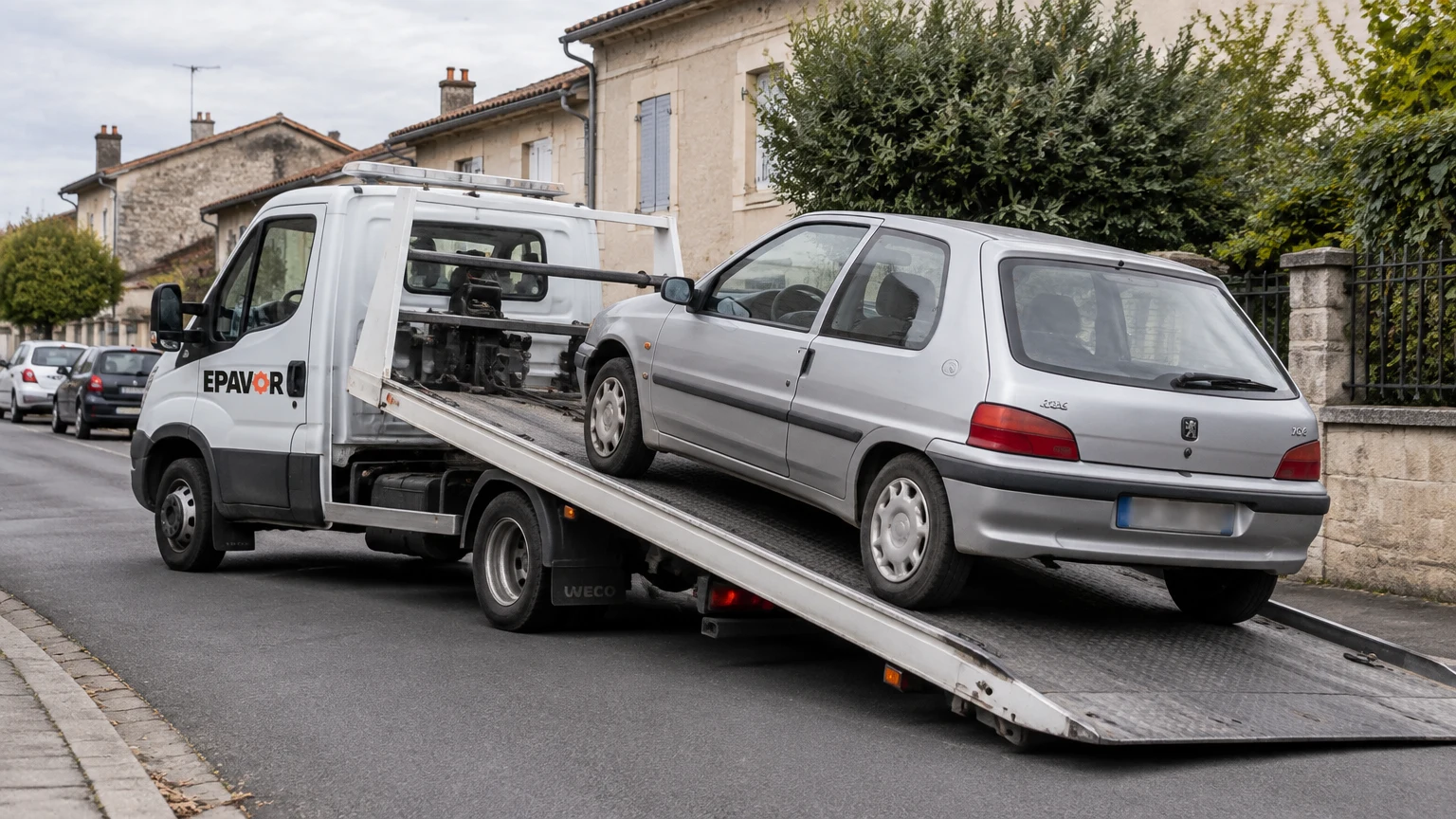 Illustration d’un enlèvement d’épave à Saint-Seurin-sur-l'Isle avec une dépanneuse — service d’épaviste.