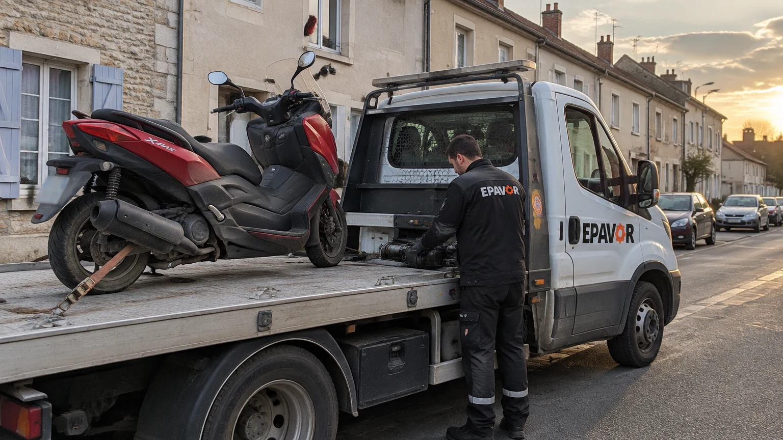 Illustration d’un enlèvement d’épave à Saint-Soupplets avec une dépanneuse — service d’épaviste.