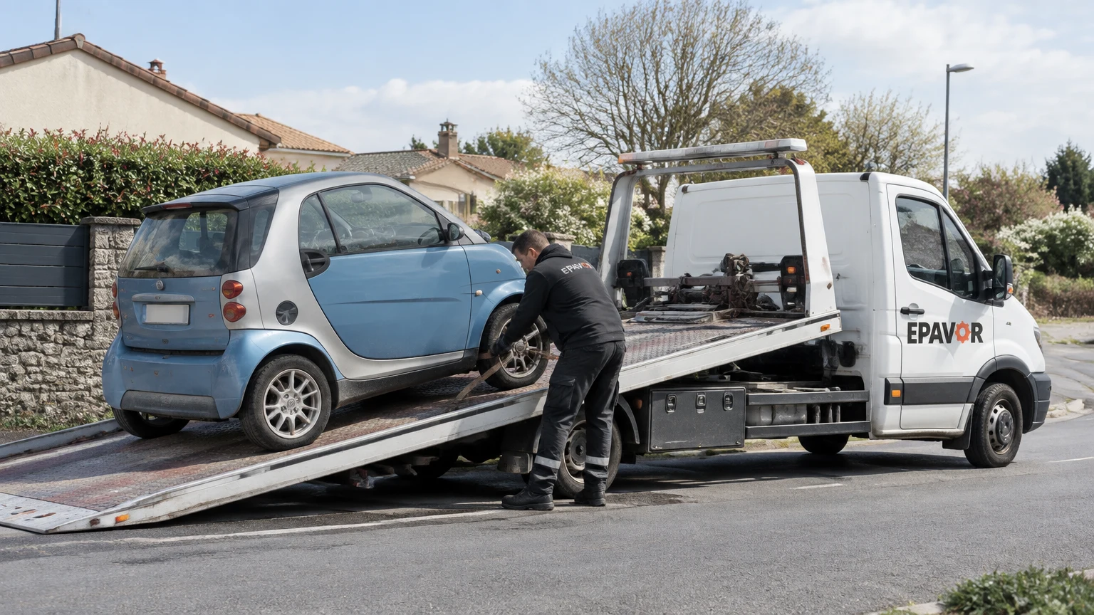 Illustration d’un enlèvement d’épave à Saint-Viaud avec une dépanneuse — service d’épaviste.