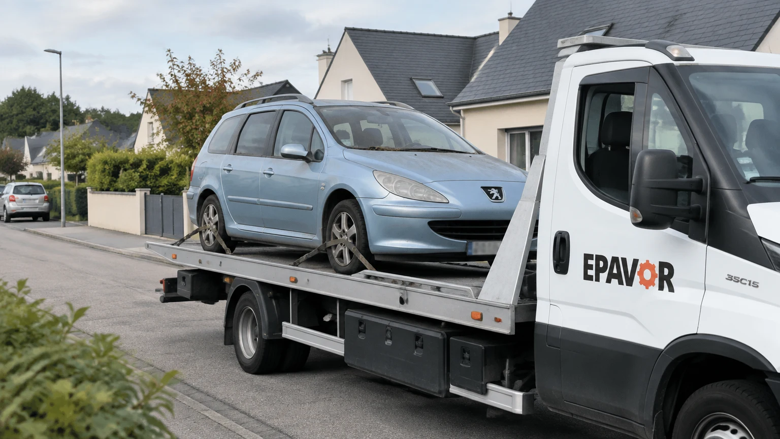 Illustration d’un enlèvement d’épave à Saint-Yvi avec une dépanneuse — service d’épaviste.