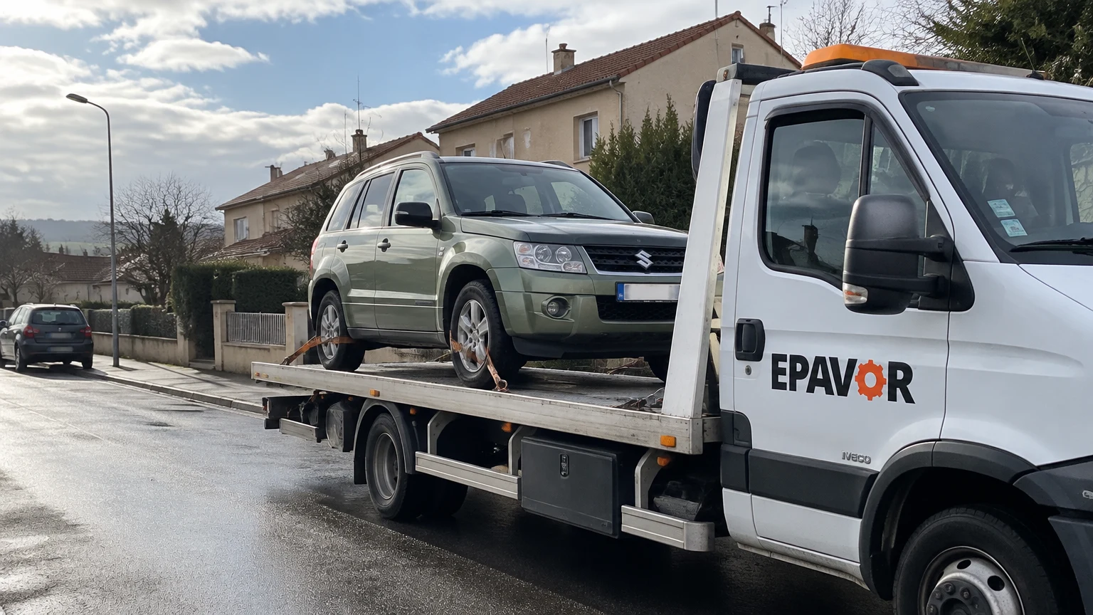 Illustration d’un enlèvement d’épave à Sainte-Marie-aux-Chênes avec une dépanneuse — service d’épaviste.