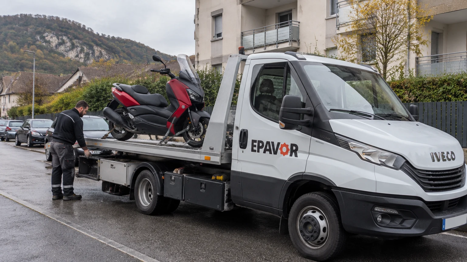Illustration d’un enlèvement d’épave à Salins-les-Bains avec une dépanneuse — service d’épaviste.