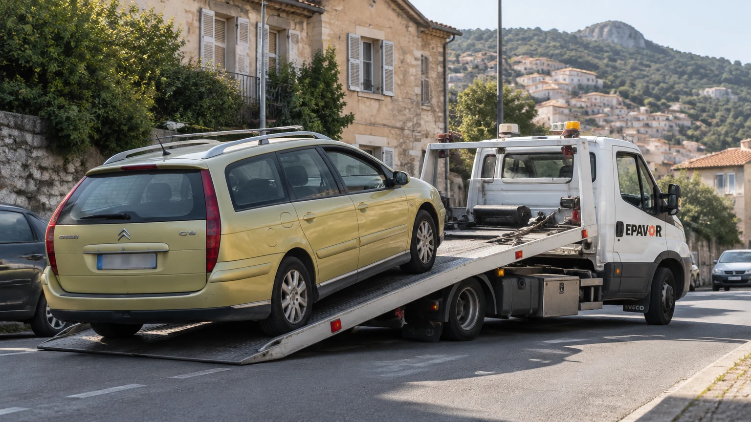 Illustration d’un enlèvement d’épave à Sartène avec une dépanneuse — service d’épaviste.