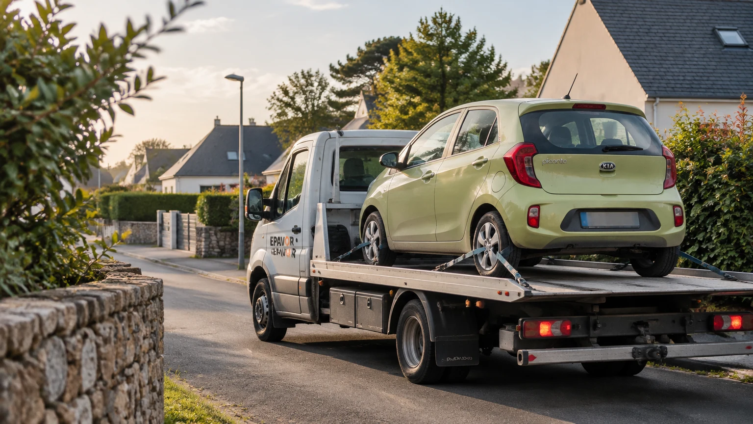 Illustration d’un enlèvement d’épave à Sarzeau avec une dépanneuse — service d’épaviste.