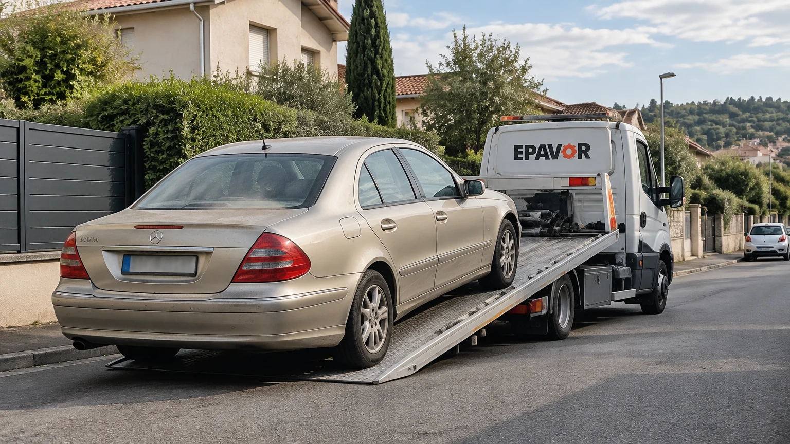 Illustration d’un enlèvement d’épave à Sathonay-Village avec une dépanneuse — service d’épaviste.