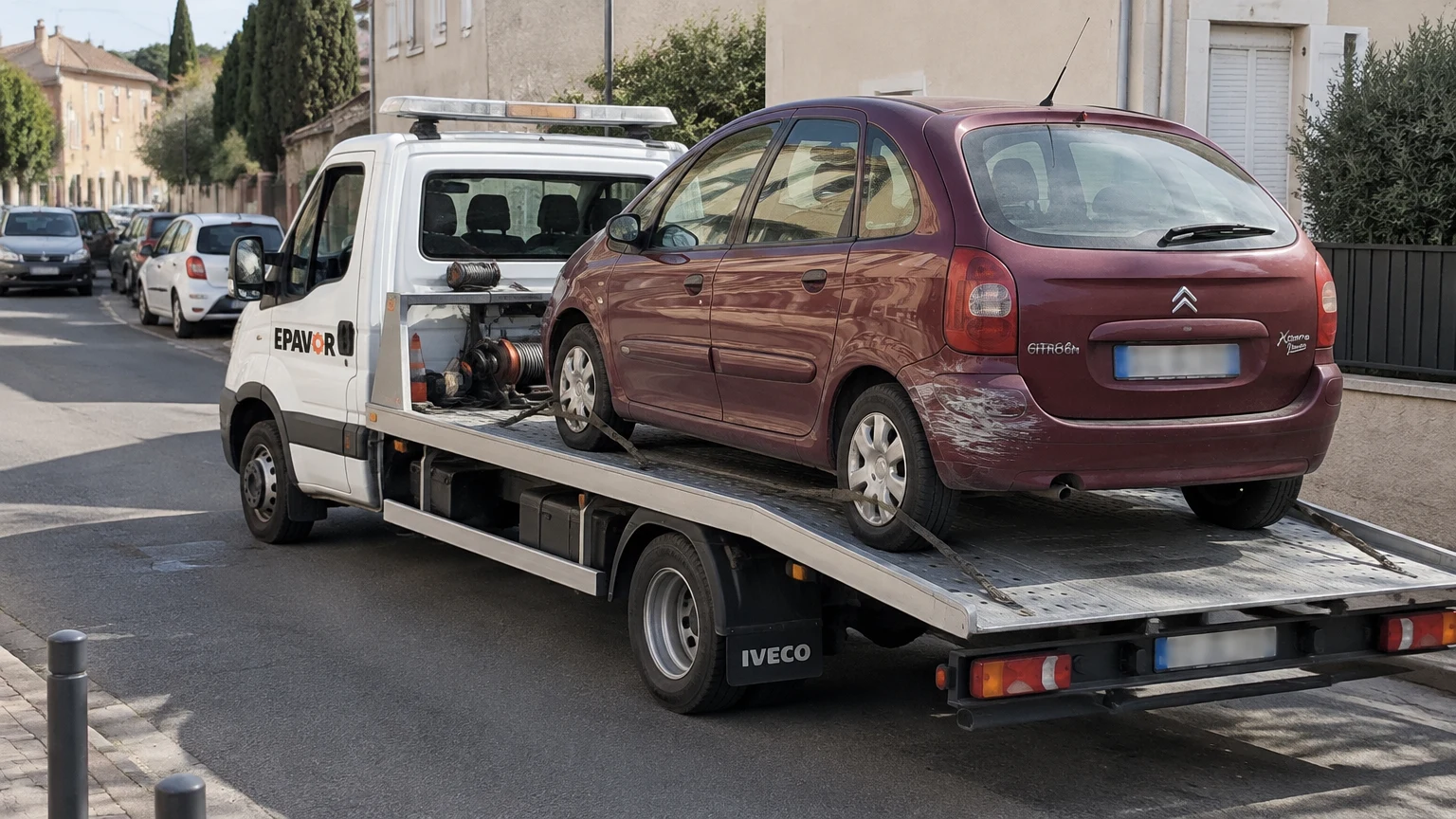Illustration d’un enlèvement d’épave à Sorgues avec une dépanneuse — service d’épaviste.