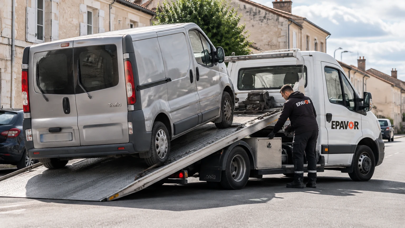 Illustration d’un enlèvement d’épave à Surgères avec une dépanneuse — service d’épaviste.