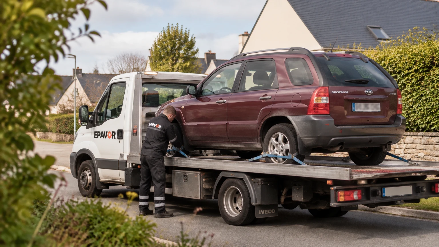 Illustration d’un enlèvement d’épave à Surzur avec une dépanneuse — service d’épaviste.