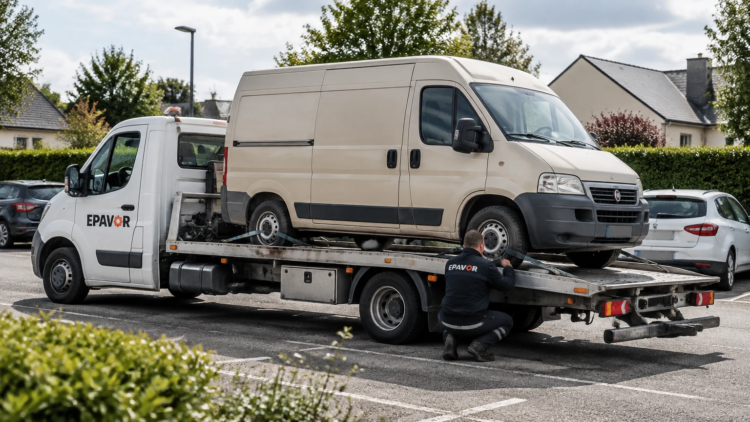 Illustration d’un enlèvement d’épave à Taden avec une dépanneuse — service d’épaviste.